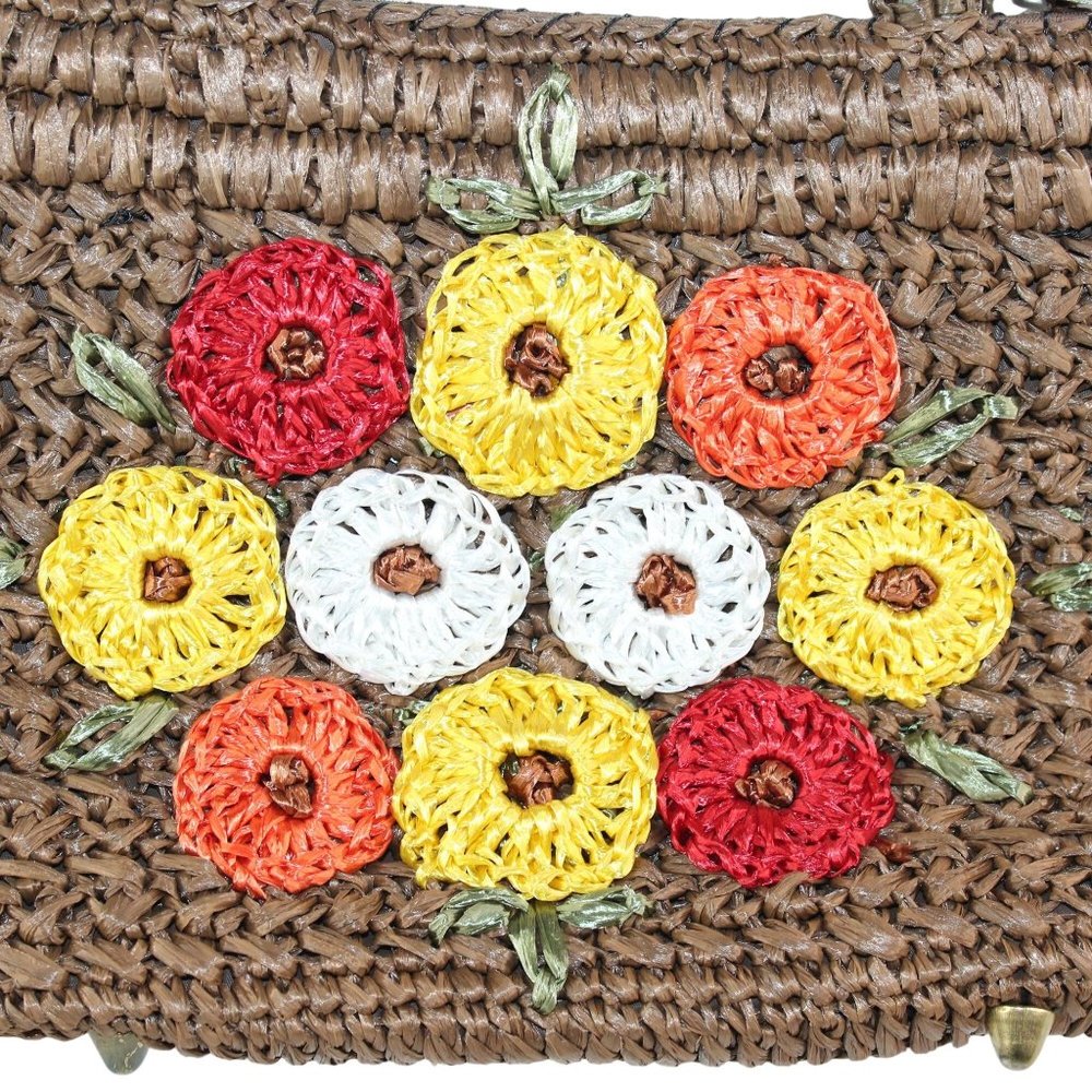 Vintage 1970's Raffia Straw Crochet Floral Embellishments Double Handled Purse - Picture 3 of 16